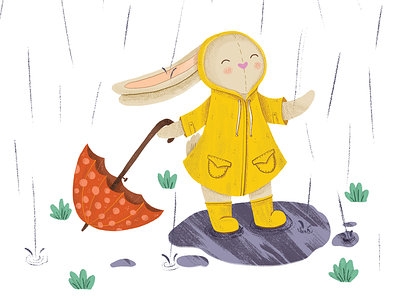 Bunny in the rain art artist book illustration bunny character design children book illustration children illustration concept art illustration rabbit rain stuffed animal toy umbrela