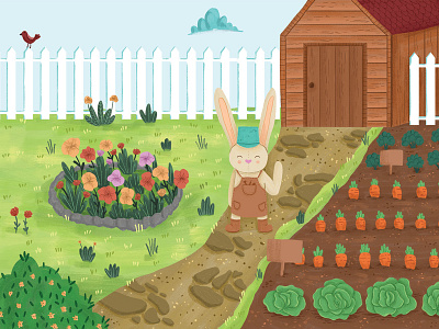 Bunny in the garden art artist book illustration bunny cabbage carrot children art children book illustration children illustration flowers garden home house illustration plants rabbit vegetables wave