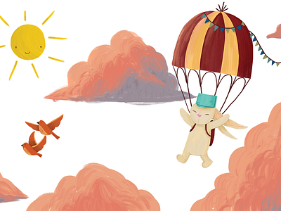 Bunny flying air art birds book illustration bunny children art children book illustration children illustration clouds flying illustration parachute rabbit sky sun