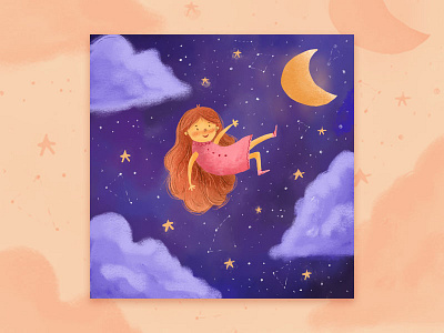 Girl In The Sky art artist beautiful book illustration children art children book illustration children illustration cloud colorful draw galaxy girl girl illustration illustration illustrator moon night procreate sky stars