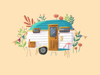 Camping van calendar camping flamingos floral flowers illustration van wallpaper