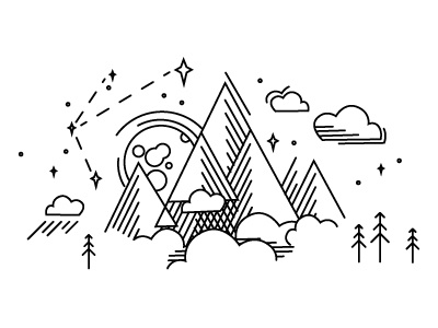 Tri abstract cloud forest illustration line minimal moon mountain space stars tree vector