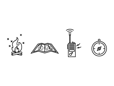 Quest camp compass fire hike icons map minimal quest radio set vector web icons