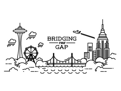 Bridging The Gap bridge city clouds empire state building ferris wheel line line art minimal place space needle vector water