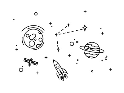 Space Quest branding galaxy icon minimal moon outer space planets rocket satellite space stars vector