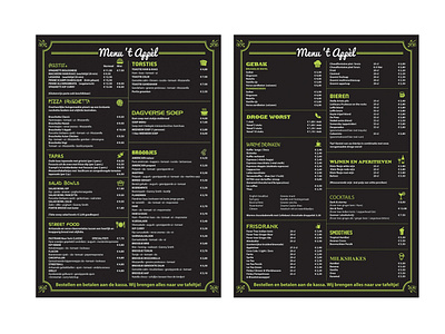 Menu for cafe