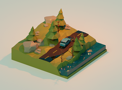 Forrest Road Accident 3d illustration low poly