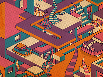 Isometric buildings cars city isometric roof snake windows