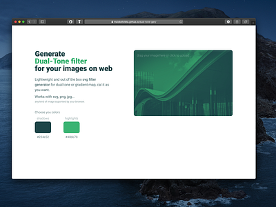Dual Tone Generator background background design background image code code generator color color palette dualtone duotone duotones generator gradient gradient map hero hero image image image filter open source sag filter svg