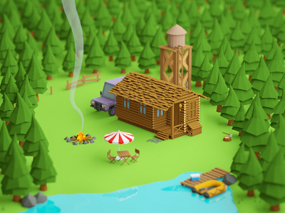 Jungle Life 3d 3d art 3d artist c4d cabin car cinema 4d design house illustration jungle lake low poly low poly art render weekend