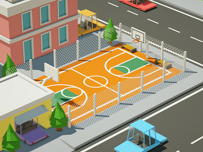 Basketball Court 3d 3d art 3d artist ball basketball basketball court c4d car cinema 4d city citylife design house illustration low poly low poly art parking render sport