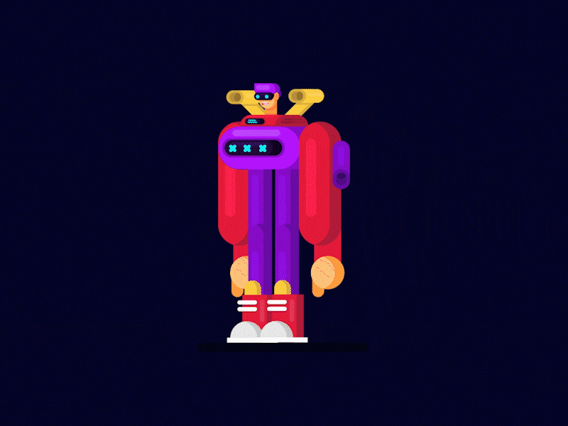 WarRobot boy with two guns animation boy characer clothes cute design dude exoskeleton future gif gun illustration robot robotic space vector