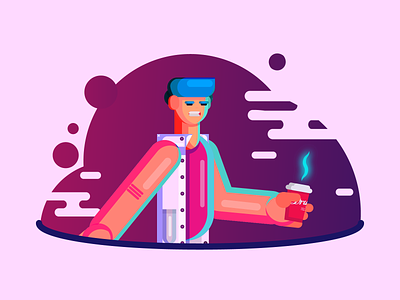 Dude 👨 with electrified cup of coffee ☕ ai blue characer clothes cloud cofee cup cup of coffee cyberpank design electricity flat future galaxy glass illustration light planet space vector