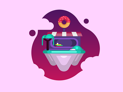 Flying 🕊️ island 🏝️ with a donut 🍩 shop 🛒 ai astronaut characer cute design donut doughnut eat flat flying future galaxy illustration planet robot robotic shop space stars vector