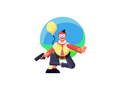 Clown 🤡 with Gun 🔫 ballon belt characer clown cute design flat future galaxy gun illustration killer man pans planet robot smile space tie vector