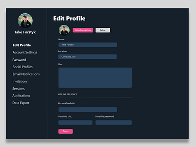 Settings Page daily ui daily ui 007 dailyui dark dark mode dark theme dark ui dashboard desktop profile settings settings page settings ui ui ux web web design webdesign