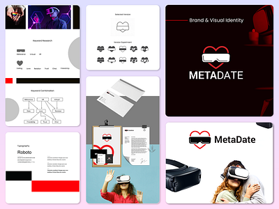 Metadate Brand and Visual Identity brand guideline brand identity branding chat complete branding date dating design friendship guidelines heart illustration logo logo designer love metaverse relation trust virtual vr