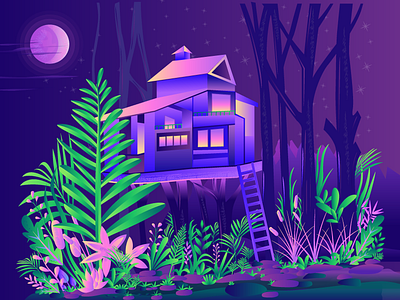Relaxing Treehouse at night color illustration forest gradient illustration jungle leaf nature relaxing tree treehouse vector wallpaper