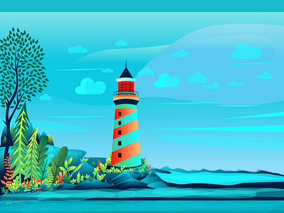 Lighthouse on the river side illustration color illustration design forest gradient jungle leaf lighthouse logo sky tree vector wallpaper