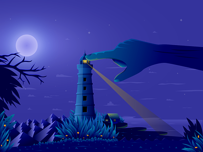 Lighthouse at Night color illustration flower forest gradient hand hero image house illustration jungle landing page illustration leaf lighthouse moon mountain natural river sky ui wallpaper