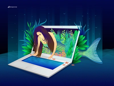 Mermaid Illustration color illustration design ecommerce fish fish girl girl gradient hero image illustration landing page illustration laptop leaf mermaid sea sea beach technology ui under water vector water