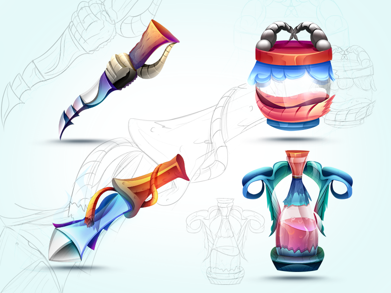 Game Icons set preview! android shaped wooden jar potion painted colored sketch concept idea game icon