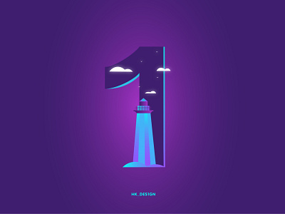 Numbers - 1 1 36daysoftype 36daysoftype28 birds creative gradient illustration lighthouse minimal night sky number tower typography visual design