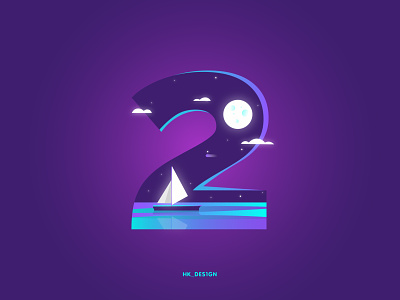 Numbers - 2 2 36daysoftype 36daysoftype29 boat clouds creative gradient illustration minimal moon night sky numbers reflection typography water