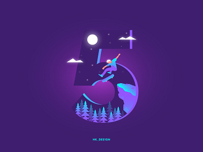 Numbers - 5 36daysoftype 36daysoftype32 5 clouds creative gradient illustration minimal moon mountain night sky skateboard skating tree typography visual design