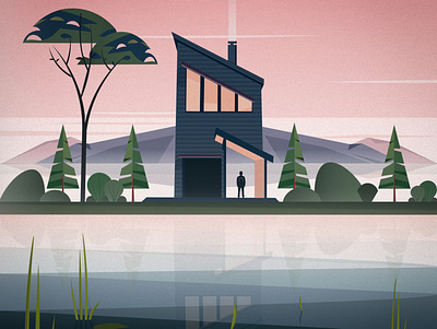 Cabin bush cabin creative design flat illustration illustrator lake landscape minimal mountain nature stylized tree vector visual design