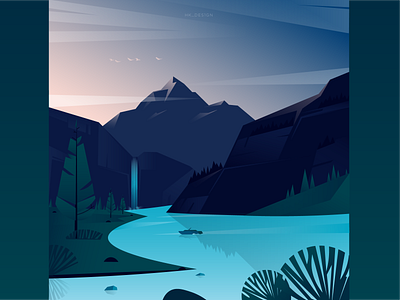 Scenery Illustration - 1 creative flat graphic design illustration landscape minimal mountains scenery vector waterfall