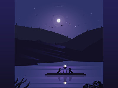 Scenery Illustration - 2 creative dogs flat graphic design illustration landscape minimal mountains night torch vector
