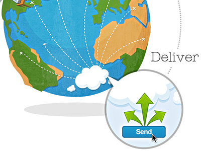 Deliver arrow blue brown clouds earth green illustration