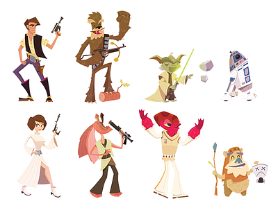 Star Wars Character Illustrations ackbar chewy ewok han solo illustration jarjar leia r2d2 star wars yoda