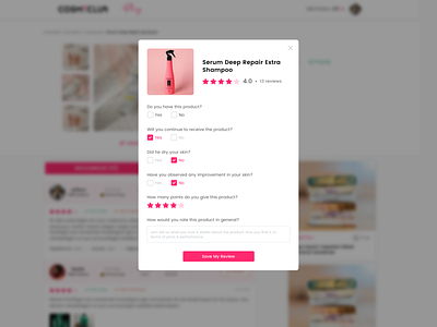 CosmeClub | Cosmetic Review Platform beauty checkbox comment cosmetic experience popup product review reviews text input ui ux web web design