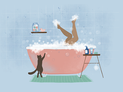 Wash & Relax bath bathroom blue cat illustration lady legs