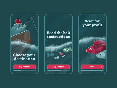 Fishing App fish fisherman fishing green hand drawn illustration onboarding ui