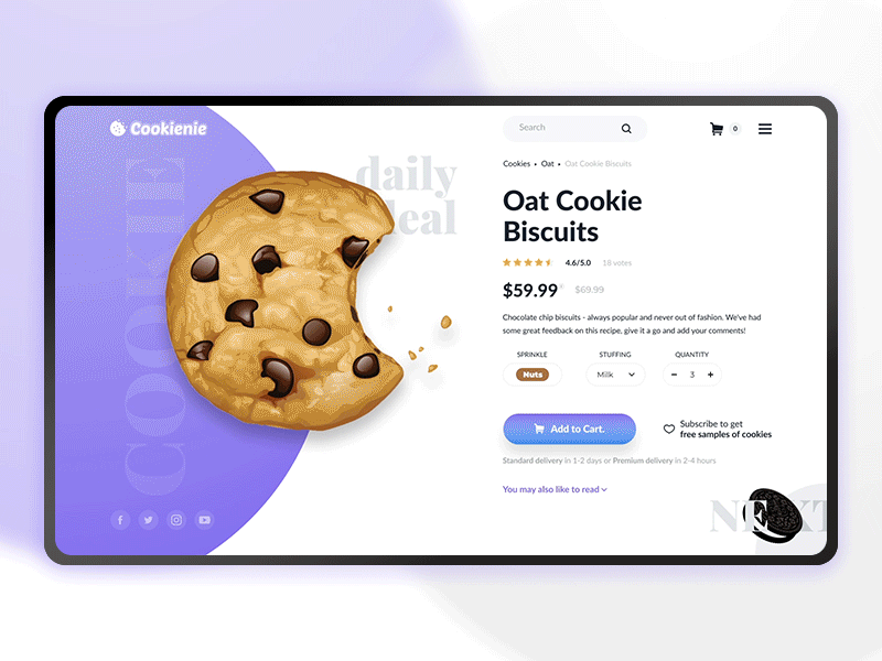 Cookienie Dribbble Cookies App Concept after affects animation animation app app cookie cookies daily 100 daily challenge daily inspiration dribbble dribbble invite gradient gradient background gradient button gradient color inspiration interaction interaction design interface animation interface design motion
