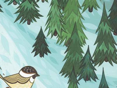 commission chickadee hand painted illustration pine tree tree winter