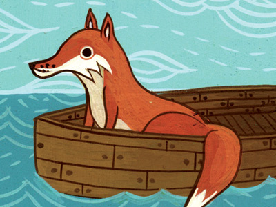 fox, adrift animal boat fox hand painted illustration ocean painting