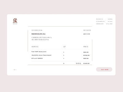 Invoice branding concept daily 100 challenge daily ui design hairsalon icon illustration invoice light red logo minimal palette purchase receipt sketch typography ui website white lilac