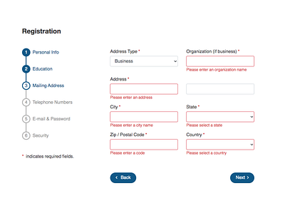 Registration Page bootstrap error message form input check progress register form steps validation