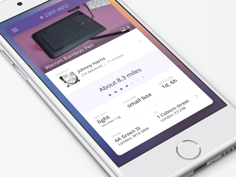 Delivery Card application interaction flat material design ios navigation menu iphone 6 online store commerce shop ecommerce user experience user interface animation