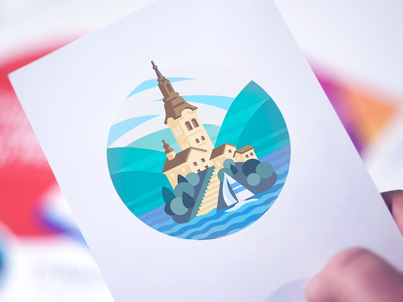 Bled Lake Illustration Print yacht castle flat style color palette soft colors testing paper print printing nature graphic bled lake branding design illustration