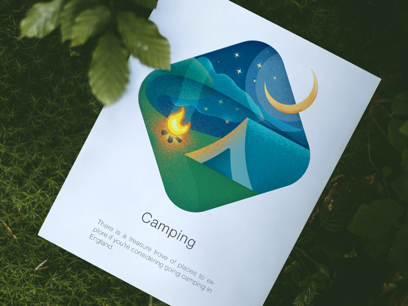 Camping Illustration illustration design travel magazine icon artwork iconography graphic camping fire picture night sky stars outdoor shading illustration camp moon brand illustration text label printed art work