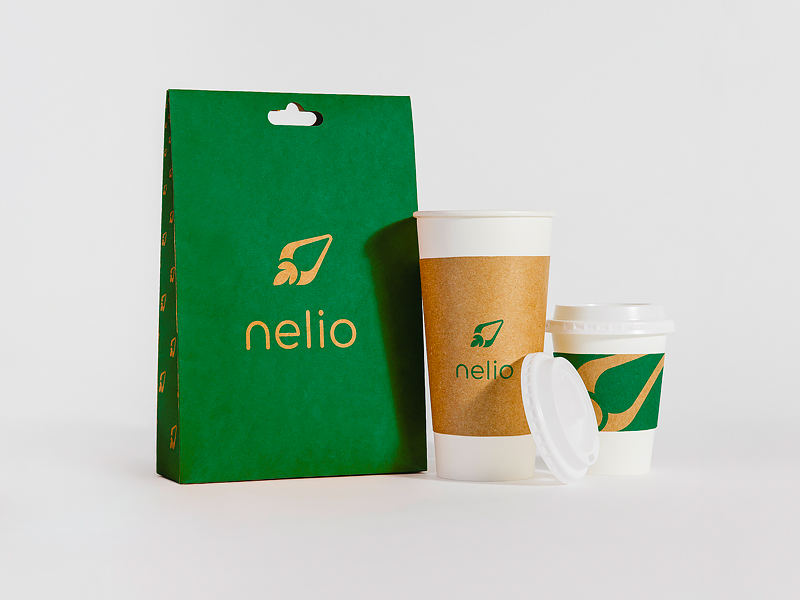 Nelio Brand Packaging coffee cup design color shapes illustration logo process final mark option logo mark usage greyscale color logotype packaging design final brand identity company style guide color palette branding project digital brand book