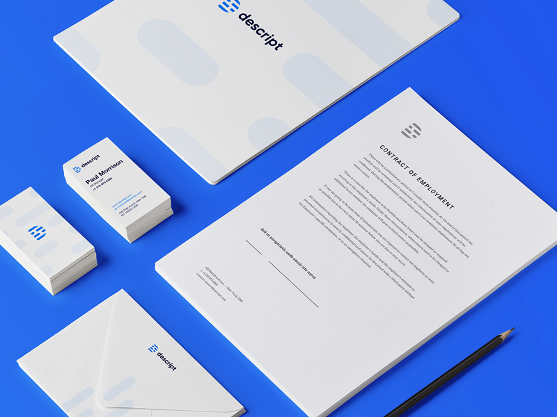 Descript Branding Materials brand identity work rounded sharp shapes marketing material final logotype option logo mark usage logotype wordmark assets swag example final brand identity presentation work color palette branding project brand book assets