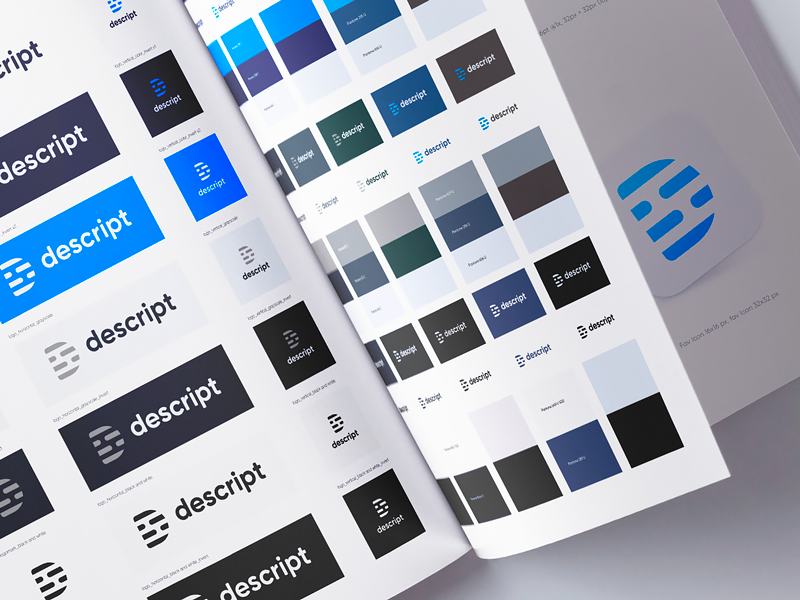 Descript Brand Guide app icon logotype branding color palette wordmark rounded corner typography user experience user interface icons logo app transcription brand book identity style guide brand