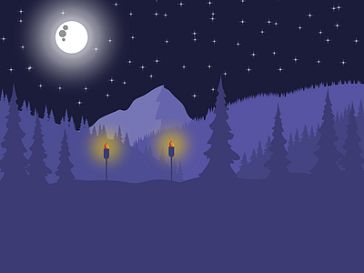 Chill Starry night 2 clean colorful design fire illustration moon mountain night scenery starry stars torch trees vector