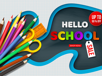 Hello school vector composition. 3d blackboard composition hello school layered art papercut pencil poster sale supplies